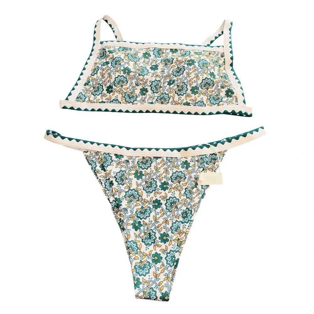 NEW BIKINX Floral Bikini Set‎ Size XL Square Neck Green Yellow Thong Swimsuit - Picture 2 of 8